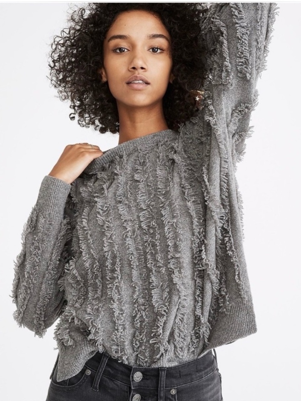 Madewell Fringe Stripe Pullover Wool Sweater Size Medium Academia Office Texture